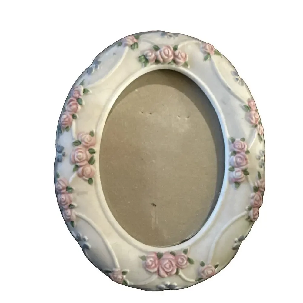 Vintage Porcelain Oval Picture Frames Pair Pink Roses 3D Floral Taiwan 5x4